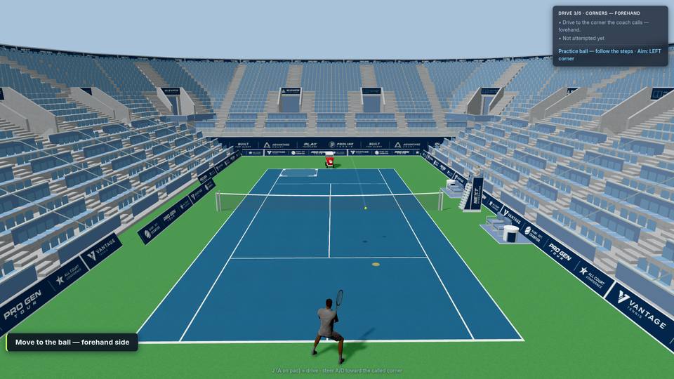 An Academy drill: the ball machine feeds, the coach calls the corner, the target zone waits