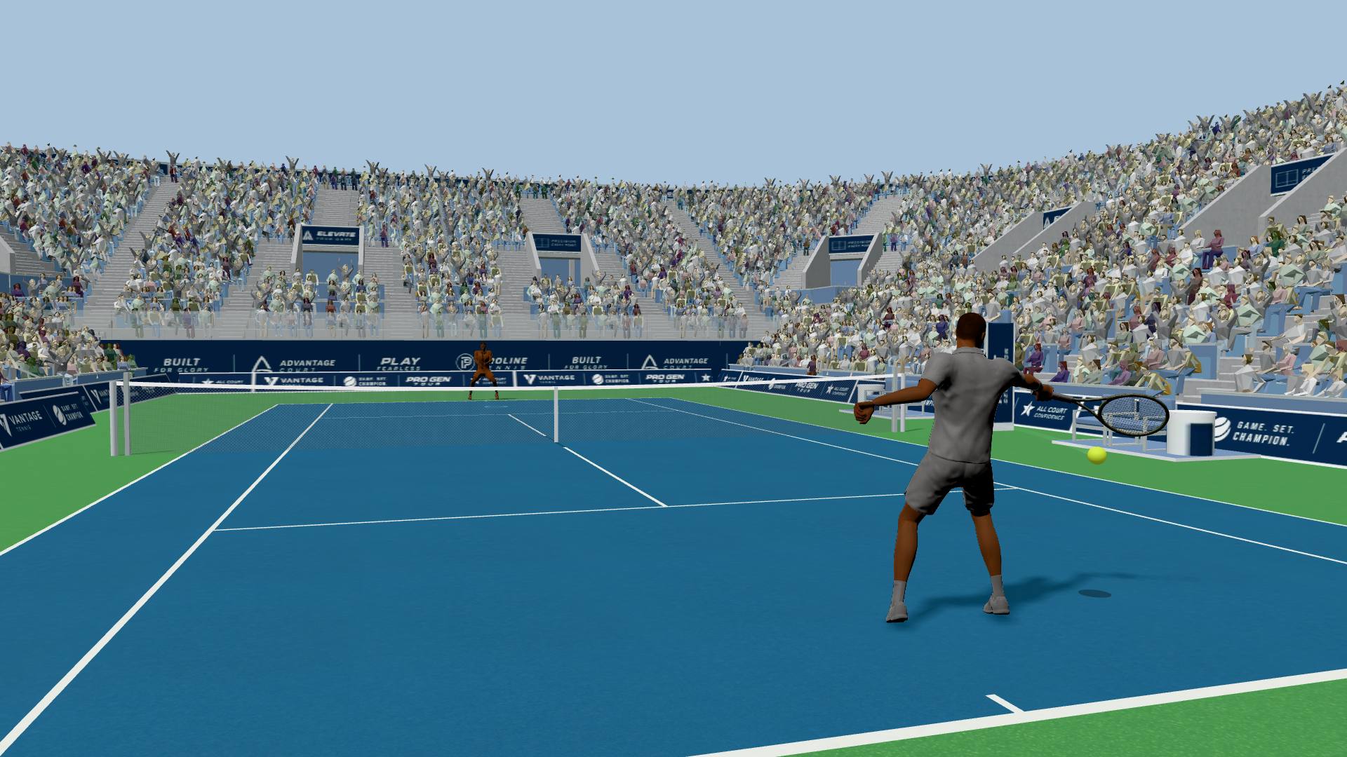 A forehand at the moment of contact on the centre court of the EpicRally stadium, stands packed