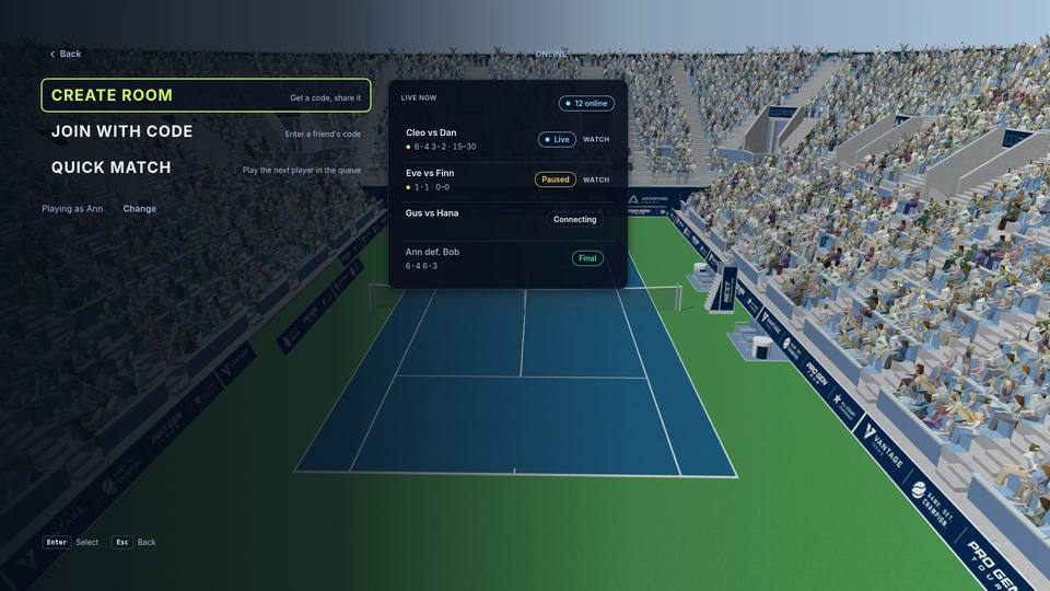 The Online hub: create a room, join with a code, quick match, and the live matches list